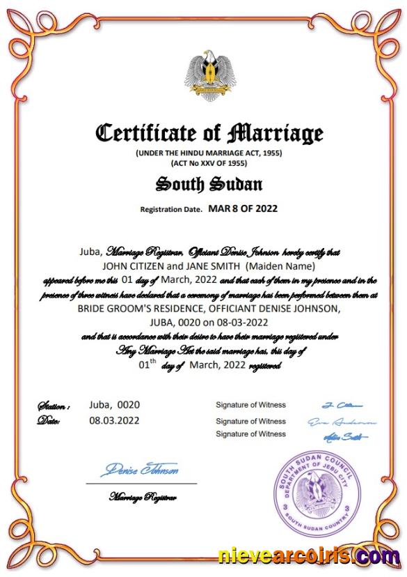 South Sudan marriage certificate